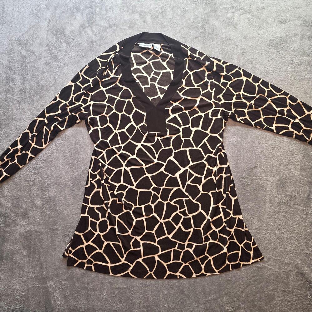 Chico's Tunic Blouse Womens 2 Black Giraffe Print V-Neck Long Sleeve Stretch